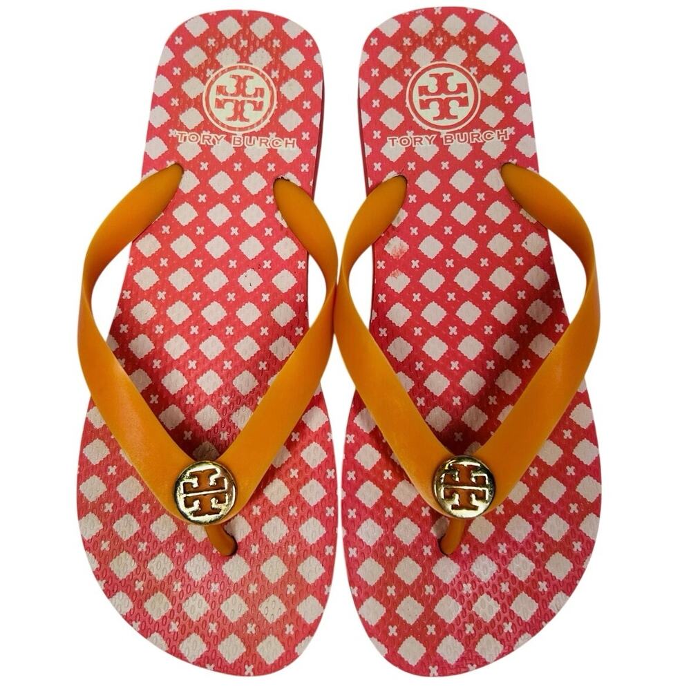 Tory Burch Classic flip-flops red/white gingham-patterned, orange jelly thong.